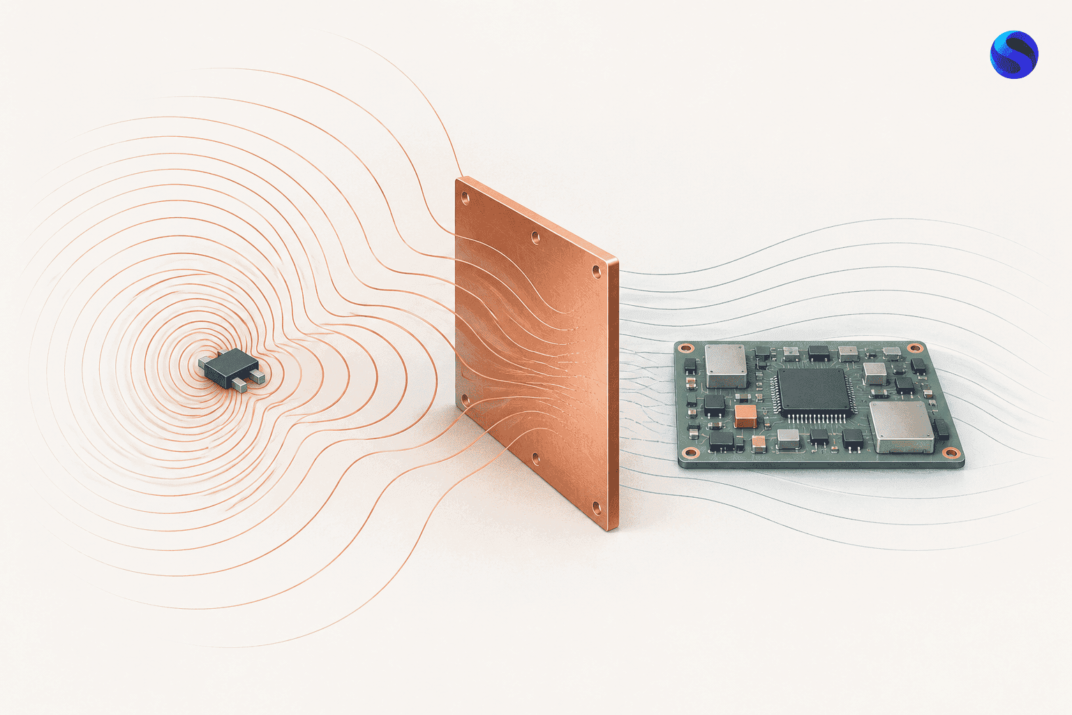 Illustration de perturbations électromagnétiques et d’un blindage protégeant un circuit électronique.