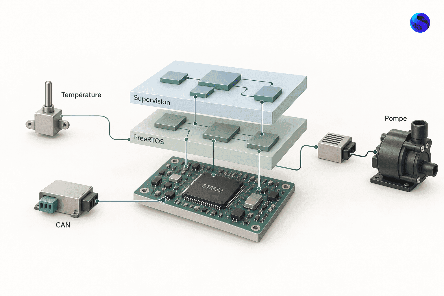 Supervision thermique sur STM32 avec FreeRTOS, capteur, commande de pompe et diagnostic CAN.